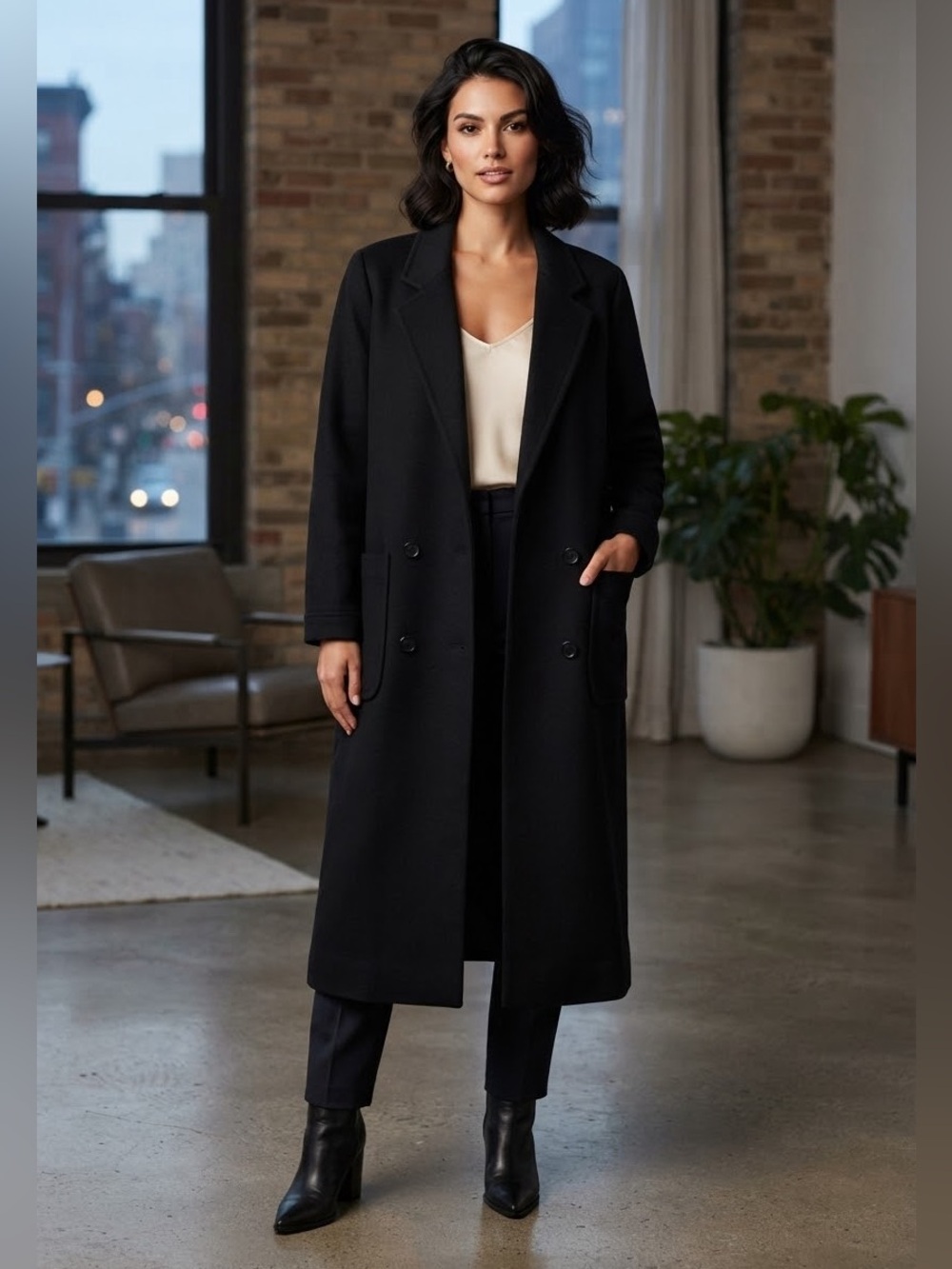 Vintage Jill Jr Women’s M Long Black Wool Double Breasted Overcoat Coat USA Made